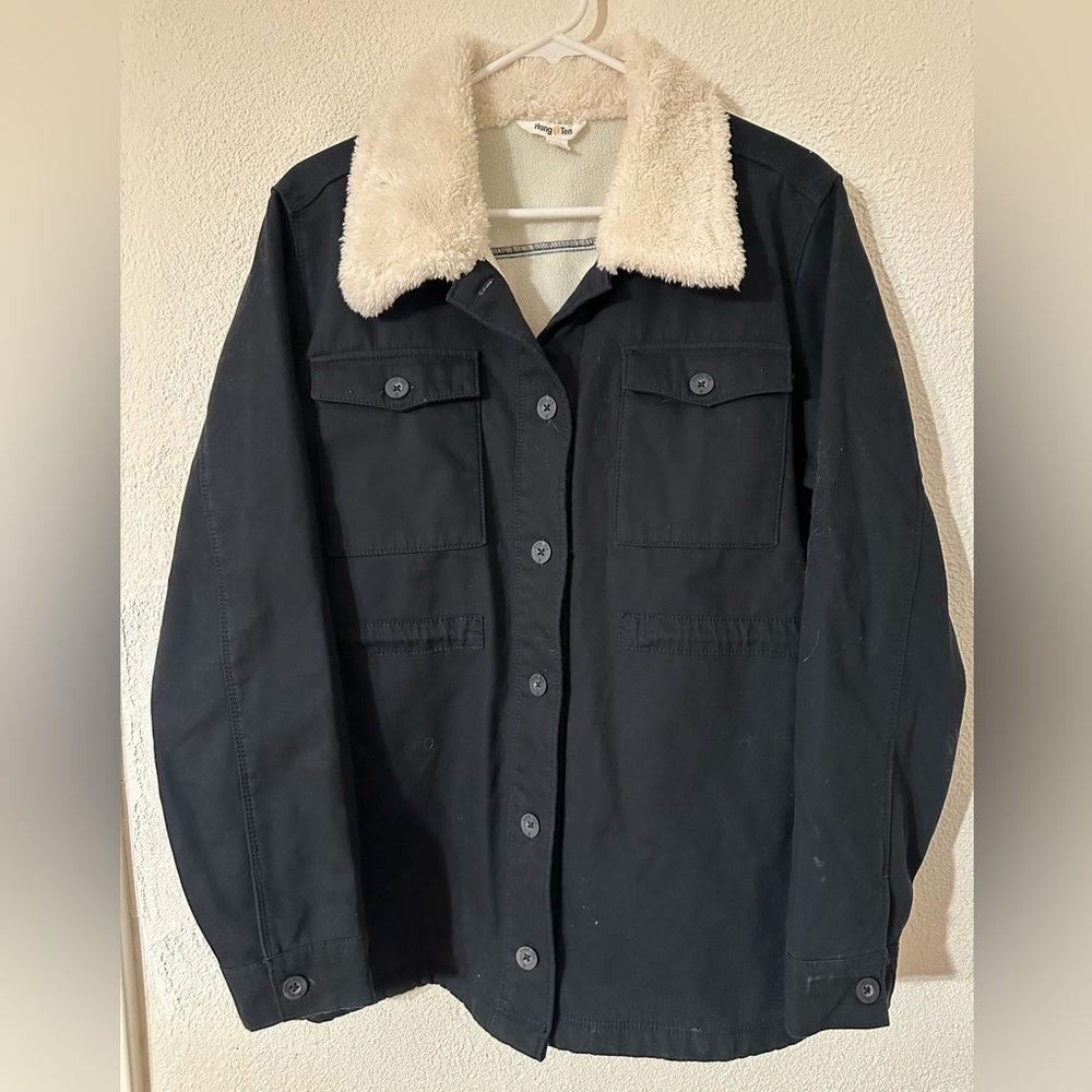 Hang Ten Women Utility Jacket Olive 100% Cotton Twill Canvas Fleece Lined Size L